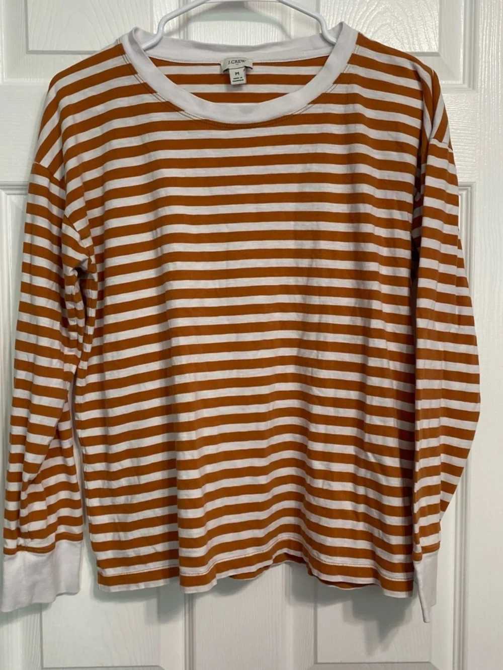 J. Crew Long-Sleeve White and Rust Striped Crewneck Shirt